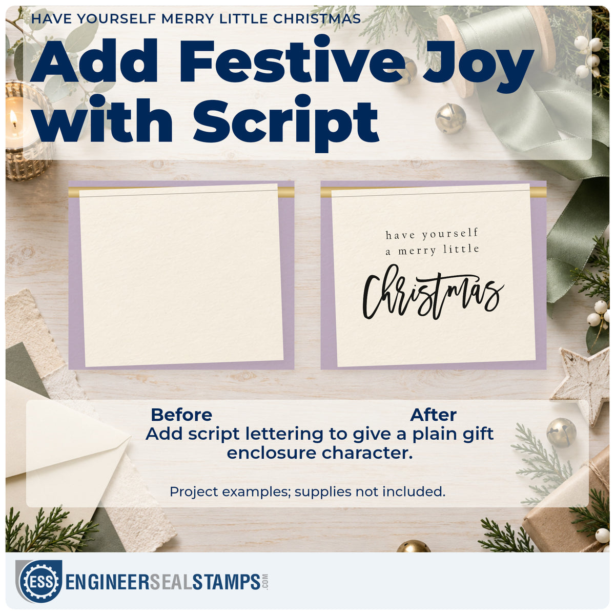 Before and after of a plain item finished with the Have Yourself A Merry Little Christmas Flowing Script Rubber Stamp – Duo Hand, a quick upgrade for framed studio wall.