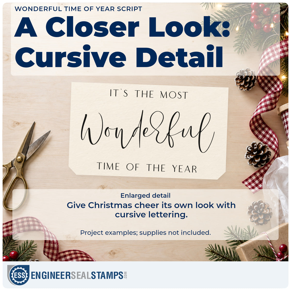 Enlarged detail of the Vintage Pro Wonderful Time Of Year Script Premium Wooden Stamp imprint. The phrase "It's the most wonderful time of the year" features large airy cursive between two lines of capitals.
