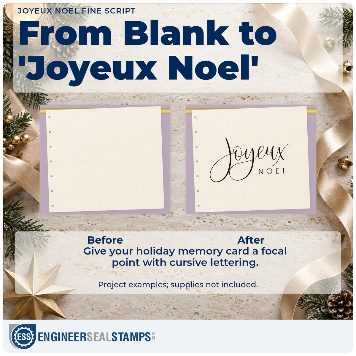 Before and after of a plain item finished with the Joyeux Noel Fine Script Pre-Inked Stamp – Slim, a quick upgrade for framed bistro ledge.