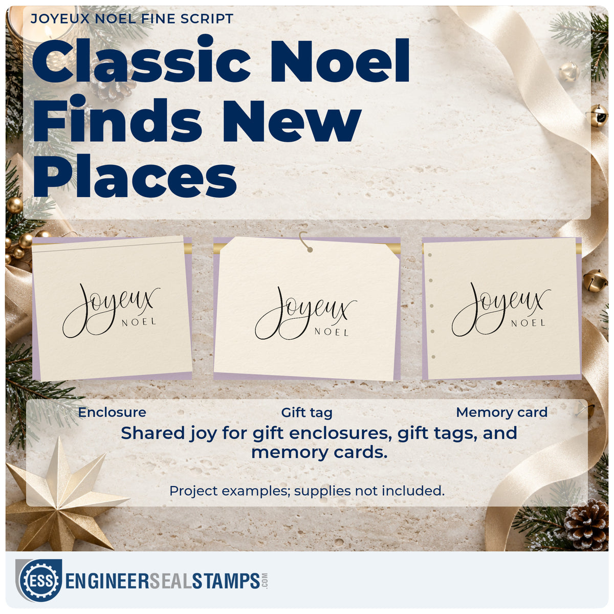 Three project examples made with the Joyeux Noel Fine Script Pre-Inked Stamp – Slim, including vocabulary sheet.