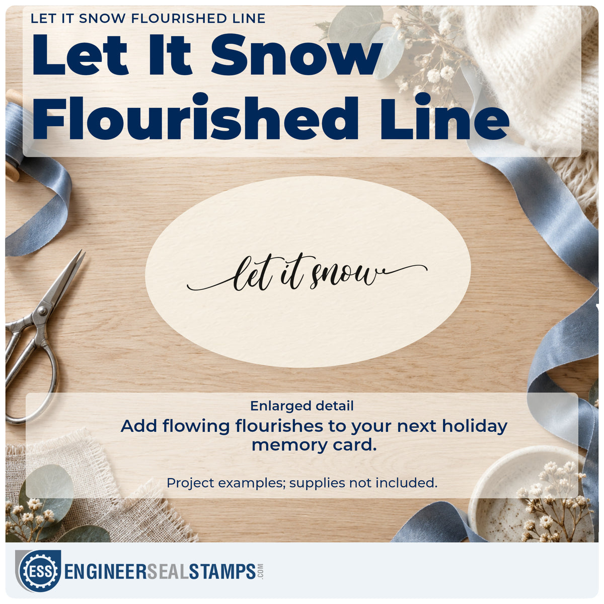 Enlarged detail of the Let It Snow Flourished Line Rubber Stamp – Duo Hand imprint. The words "let it snow" appear in small connected script with long thin flourishes at both ends.
