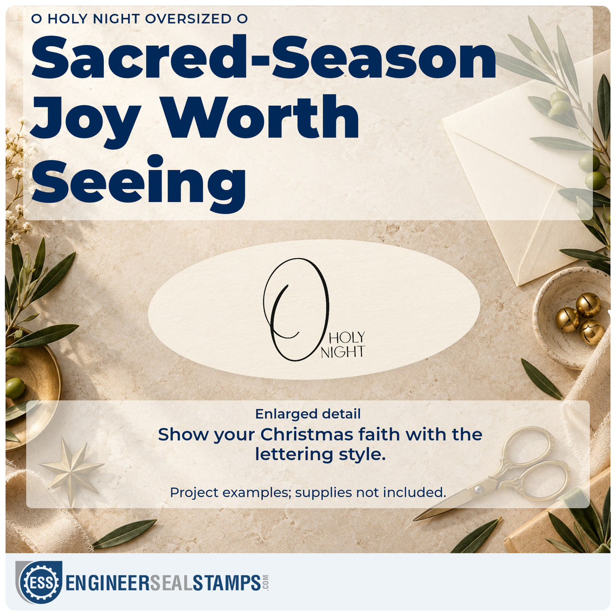 Enlarged detail of the O Holy Night Flourished O Block Lettering Wood Handle Stamp imprint. An oversized looping O dominates the words "O holy night," with the remaining words in small capitals.