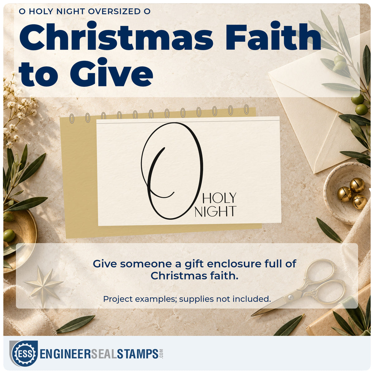 A finished handmade project stamped with the O Holy Night Flourished O Block Lettering Stamp – PSI Pre-Inked, ideal for initial album plate.