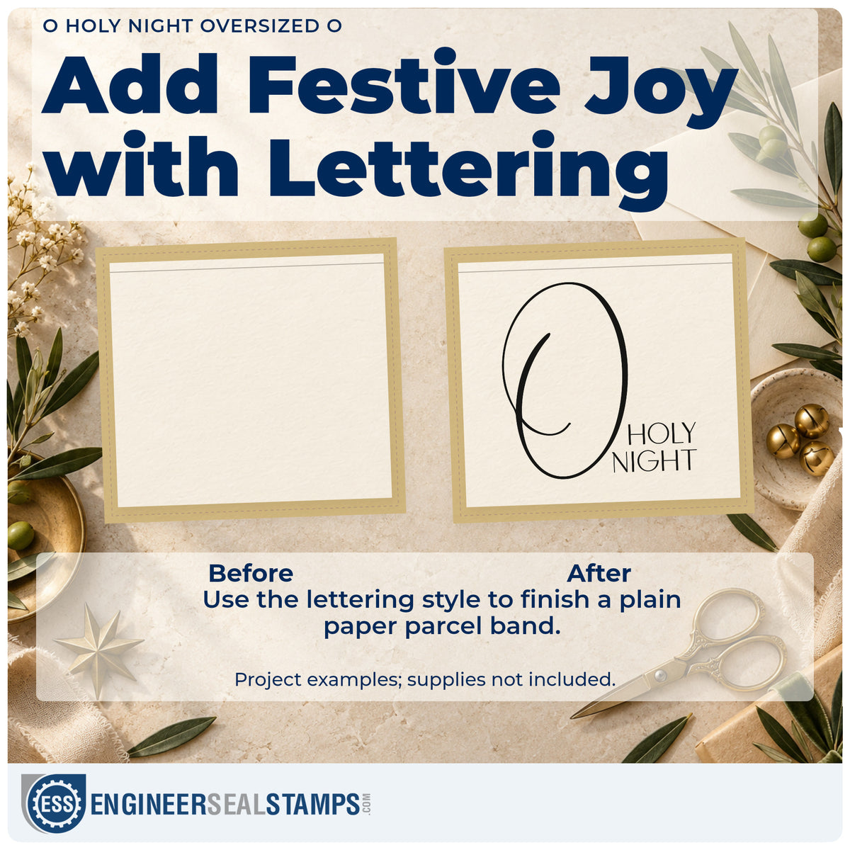 Before and after of a plain item finished with the O Holy Night Flourished O Block Lettering Wood Handle Stamp, a quick upgrade for framed letter print.