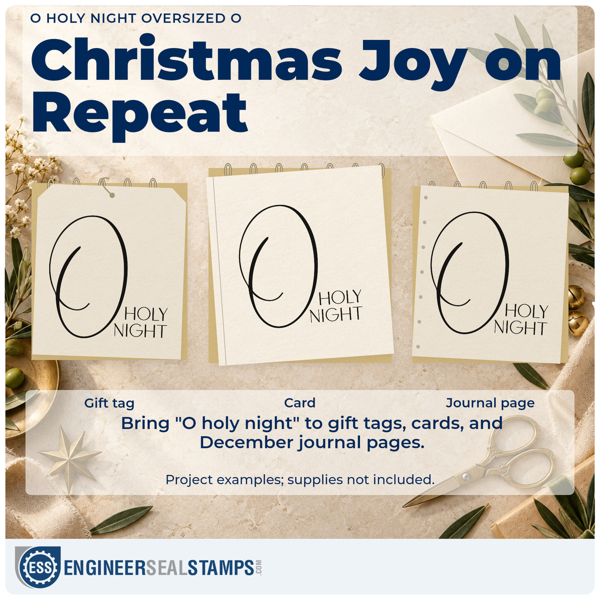 Three project examples made with the O Holy Night Flourished O Block Lettering Slim Pre-Inked Stamp, including chapter drop sheet.