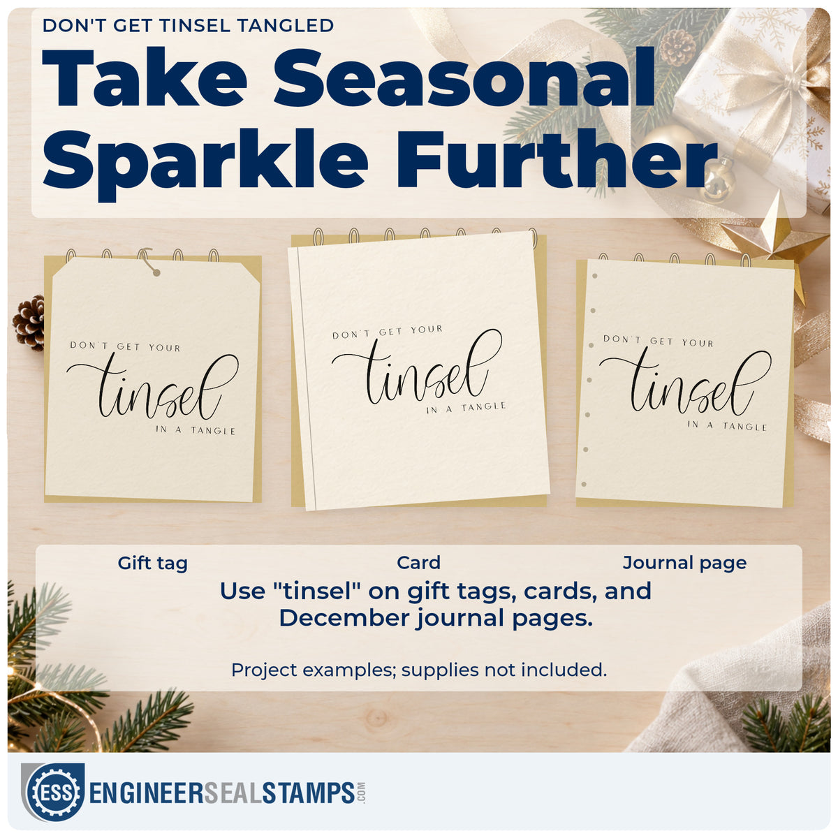 Three project examples made with the Don't Get Tinsel Tangled Pre-Inked Stamp – Slim, including priority list sheet.