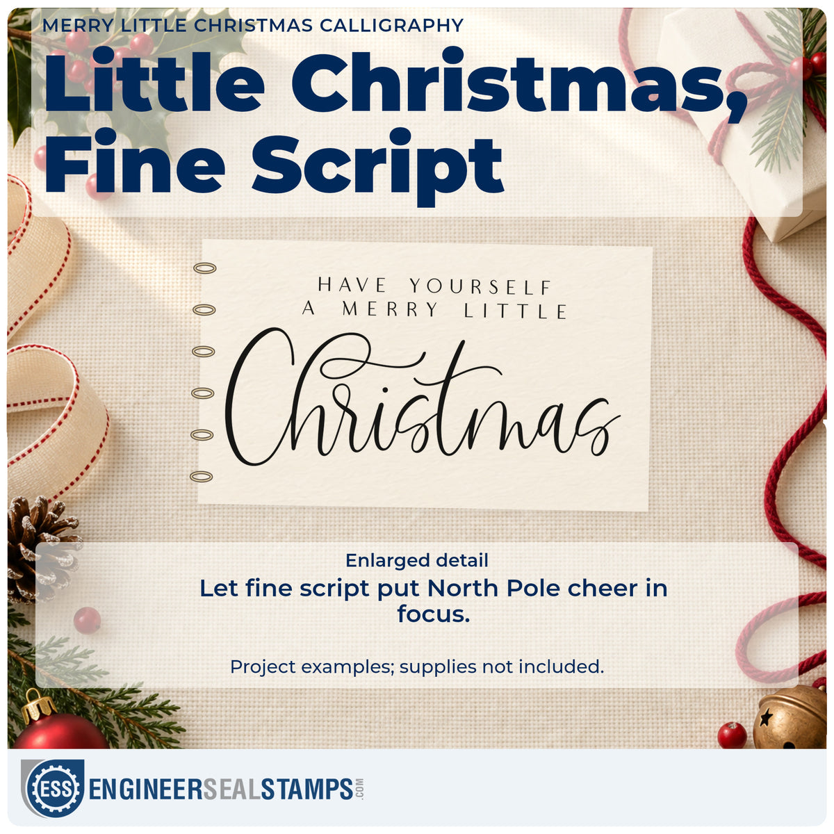Enlarged detail of the Merry Little Christmas Calligraphy Script Lettering Rubber Stamp – Duo Hand imprint. The phrase "Have yourself a merry little Christmas" uses small capitals above fine elaborate script.