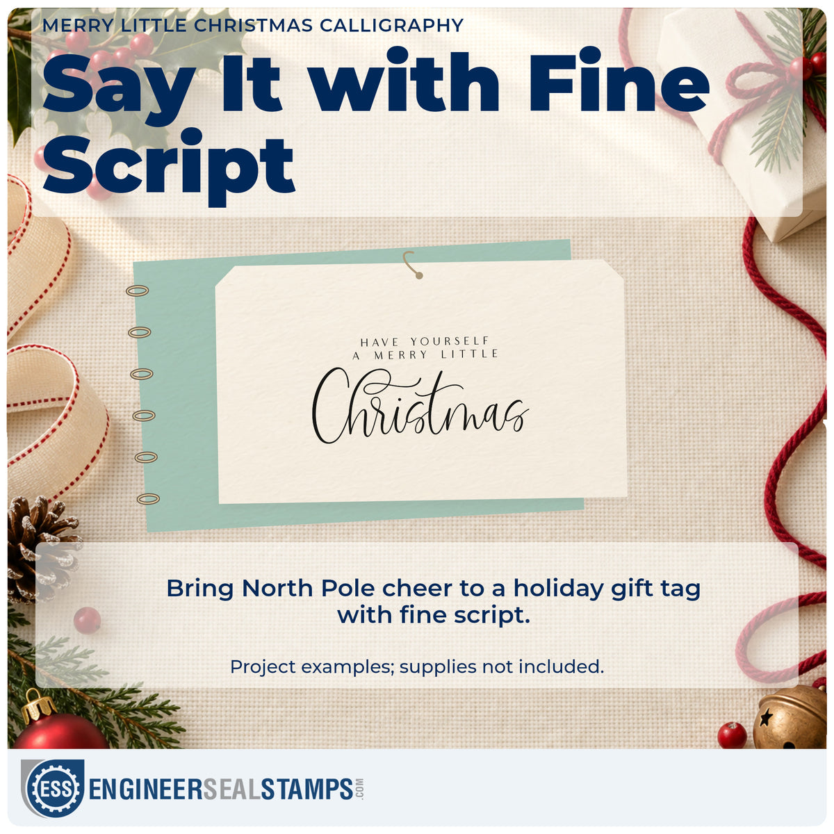 A finished handmade project stamped with the Merry Little Christmas Calligraphy Script Lettering Premium Wooden Stamp – Vintage Pro, ideal for nostalgia album page.