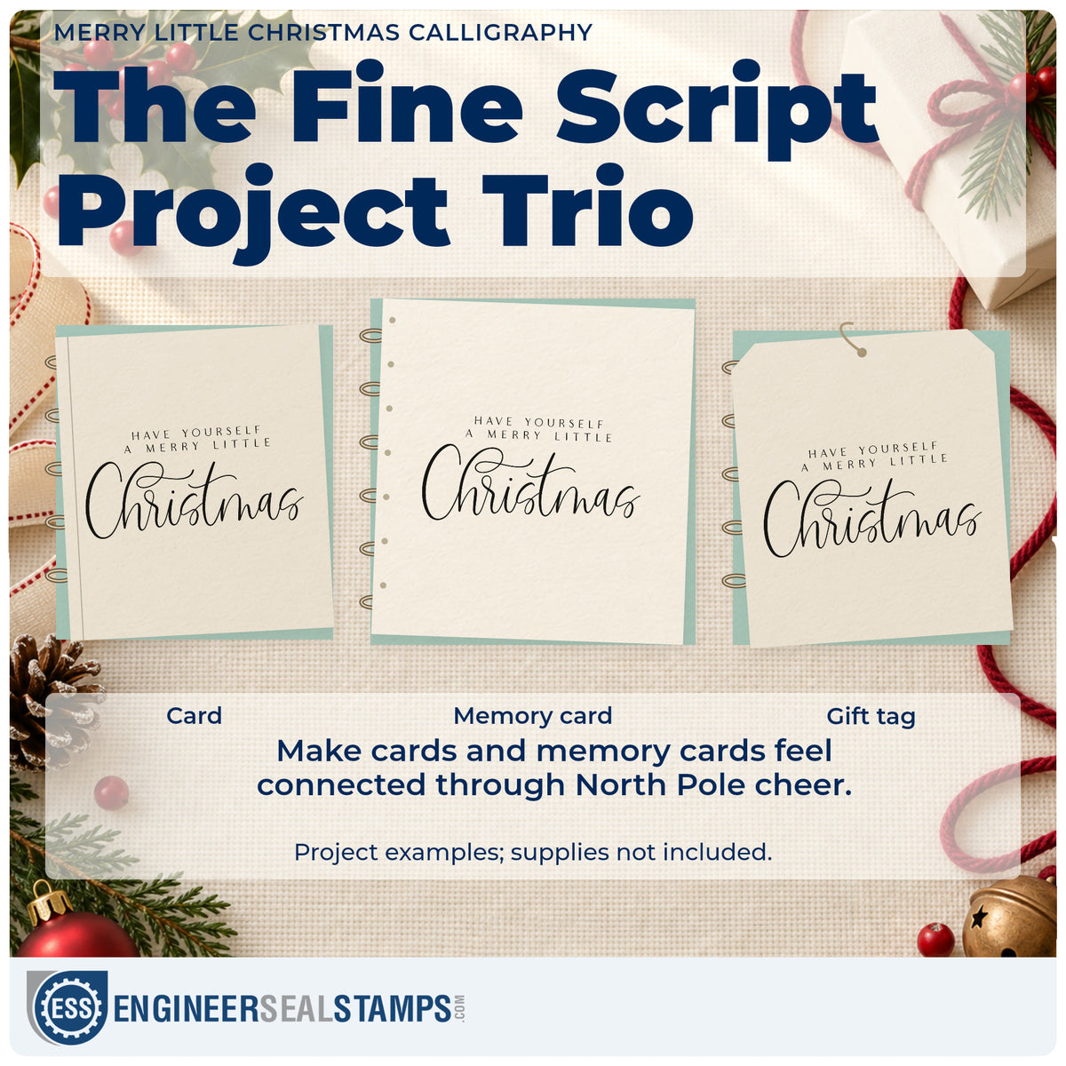 Three project examples made with the Merry Little Christmas Calligraphy Script Lettering Rubber Stamp – Duo Hand, including evening order sheet.