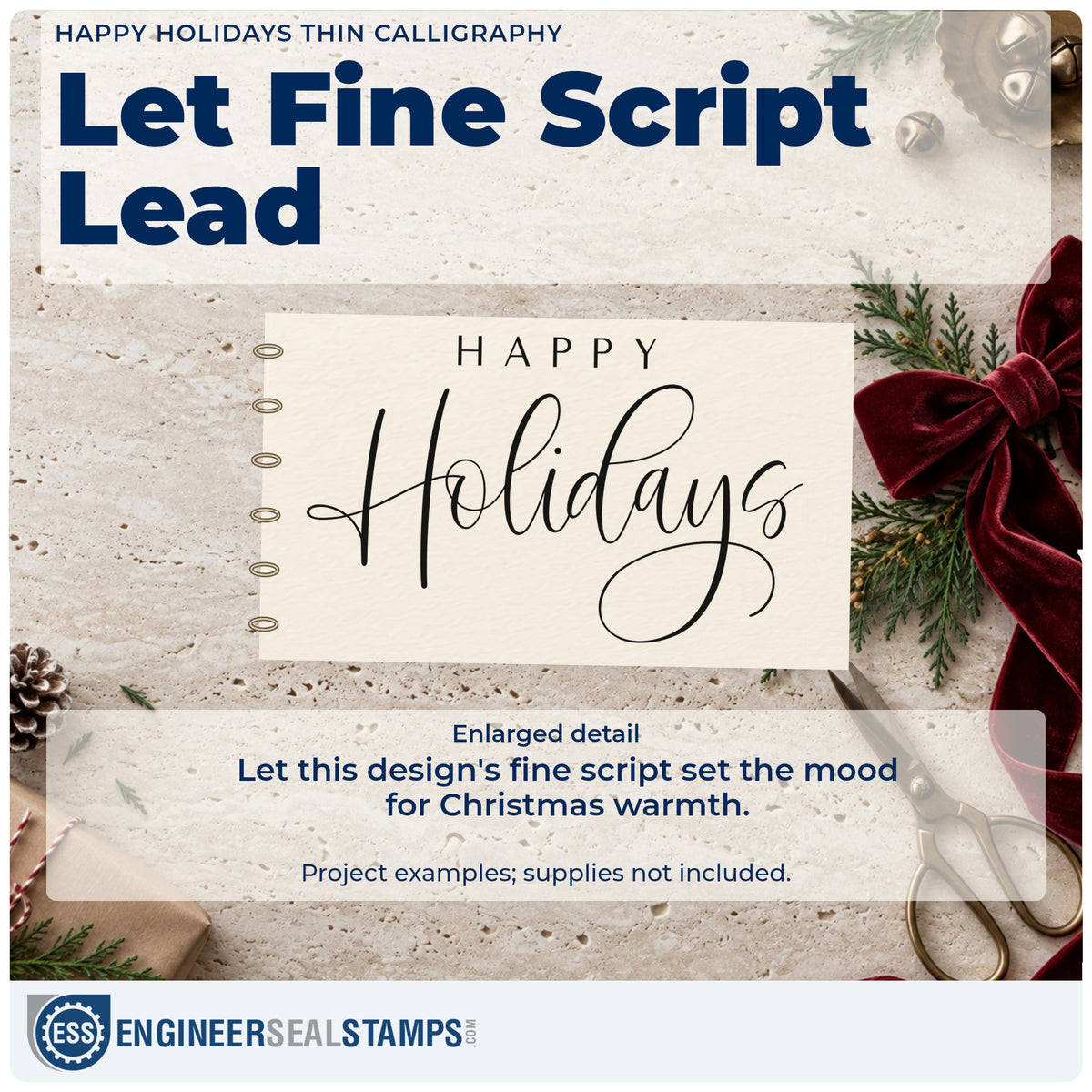 Enlarged detail of the Happy Holidays Thin Calligraphy Slim Pre-Inked Stamp imprint. The words "Happy holidays" combine spaced capitals with fine calligraphy and a large looping tail.