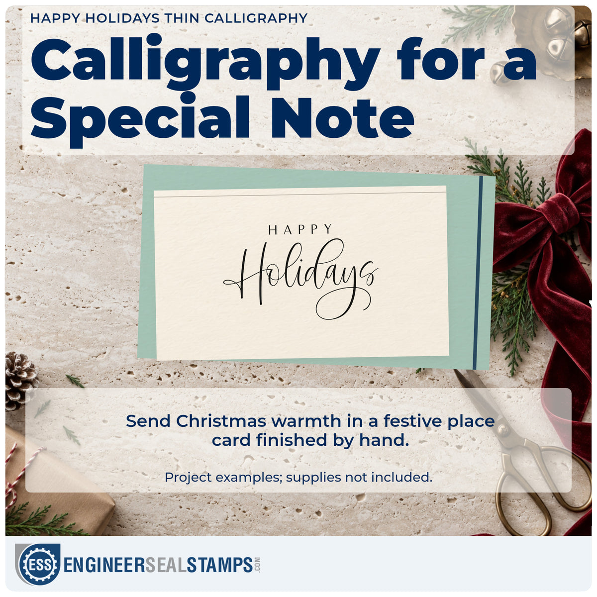 A finished handmade project stamped with the Happy Holidays Thin Calligraphy Premium Wood-Mounted Stamp – Vintage Pro, ideal for tail cards.