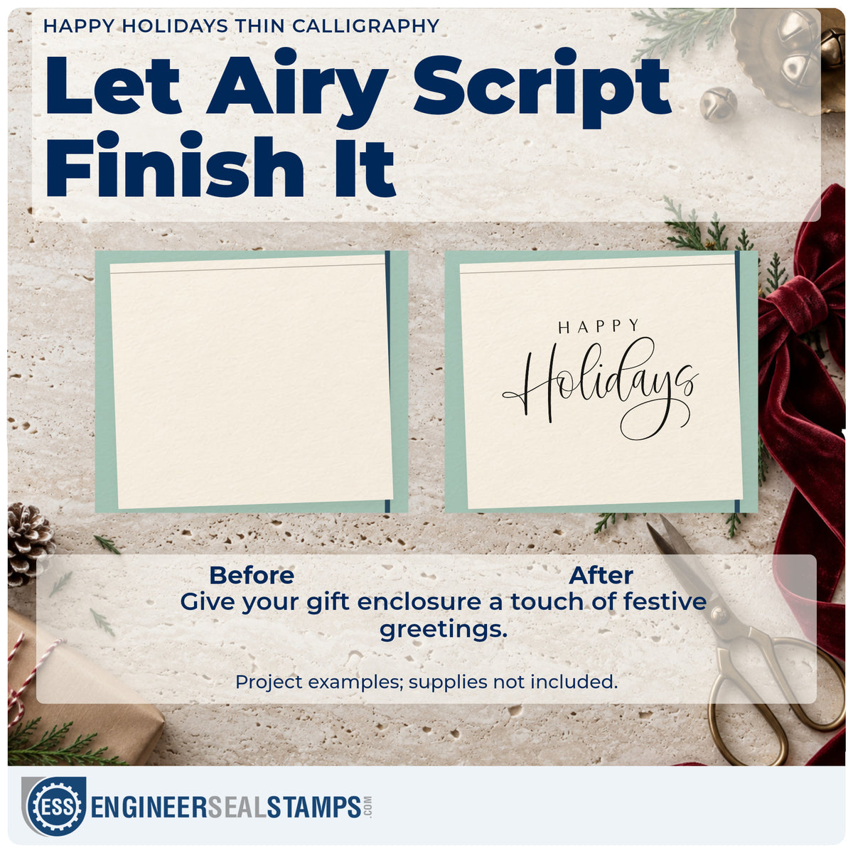 Before and after of a plain item finished with the Happy Holidays Thin Calligraphy Premium Wood-Mounted Stamp – Vintage Pro, a quick upgrade for liner cloth printing.