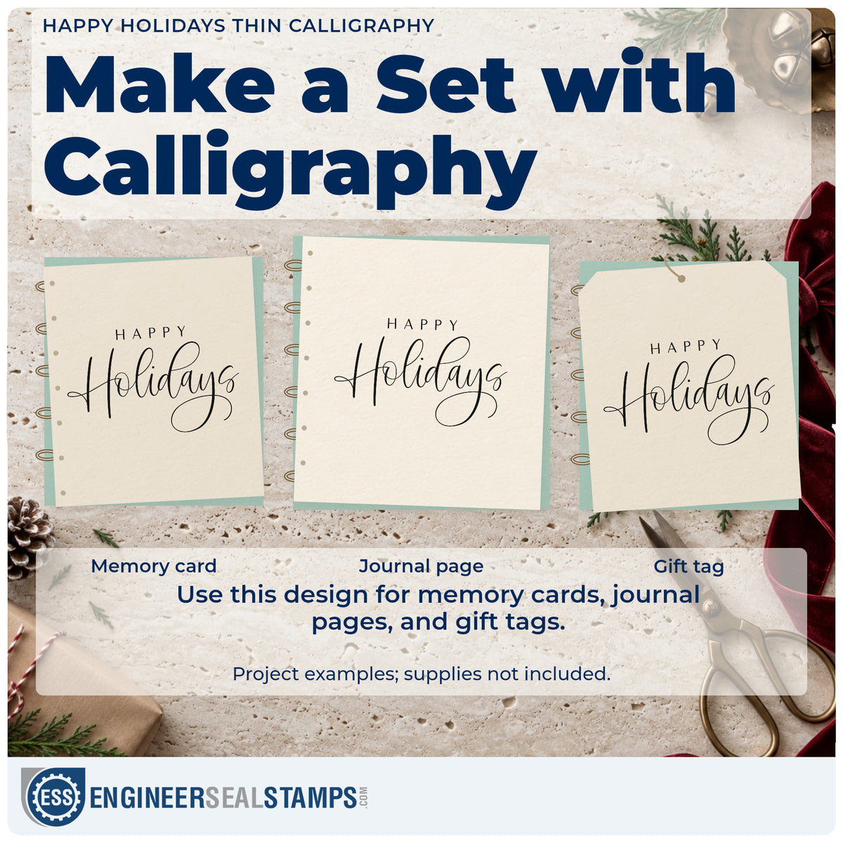 Three project examples made with the Happy Holidays Thin Calligraphy Premium Wood-Mounted Stamp – Vintage Pro, including hand lettered tags.