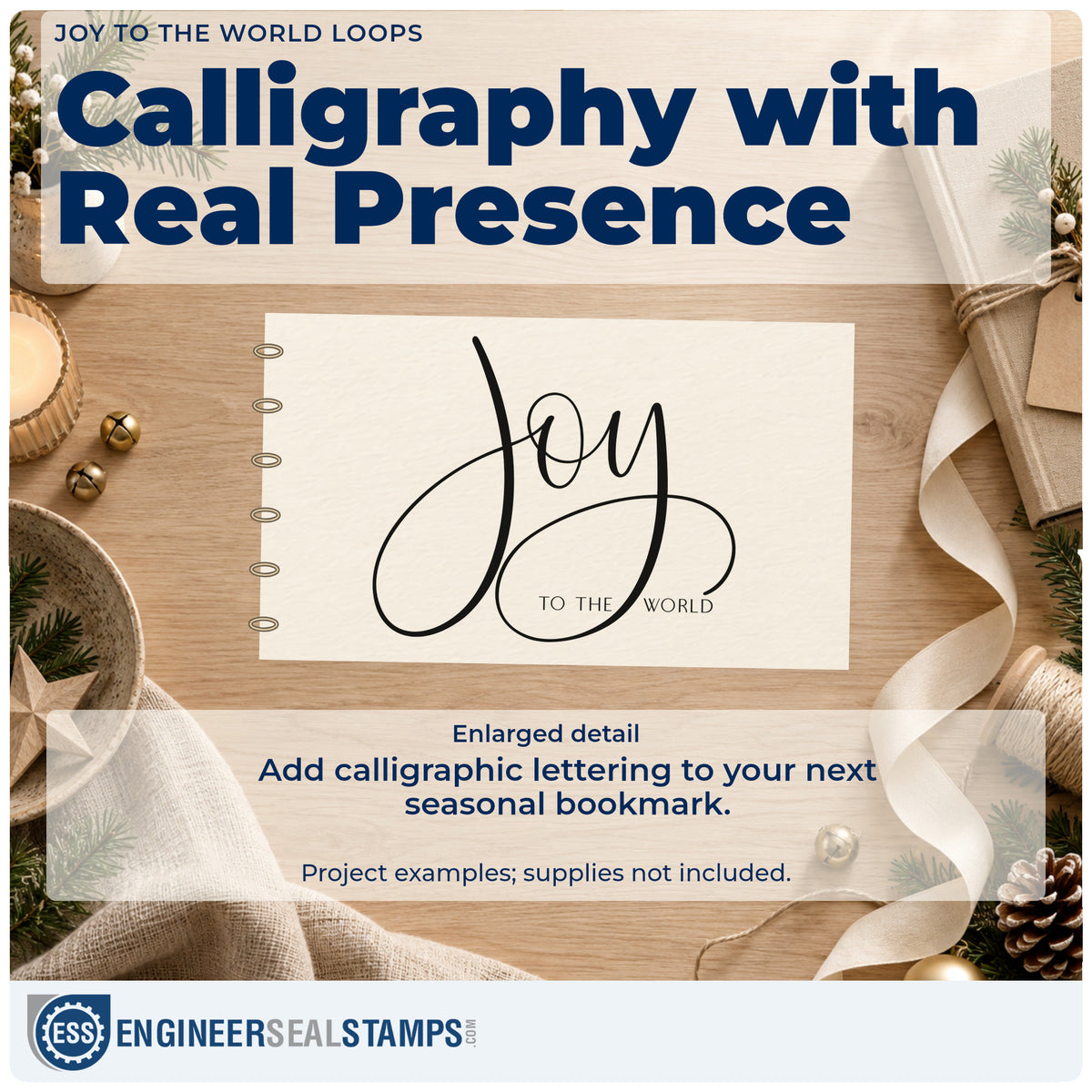 Enlarged detail of the Joy To The World Loops Hand Stamp – Duo imprint. The word "Joy" appears in large looping calligraphy above small "to the world" lettering.