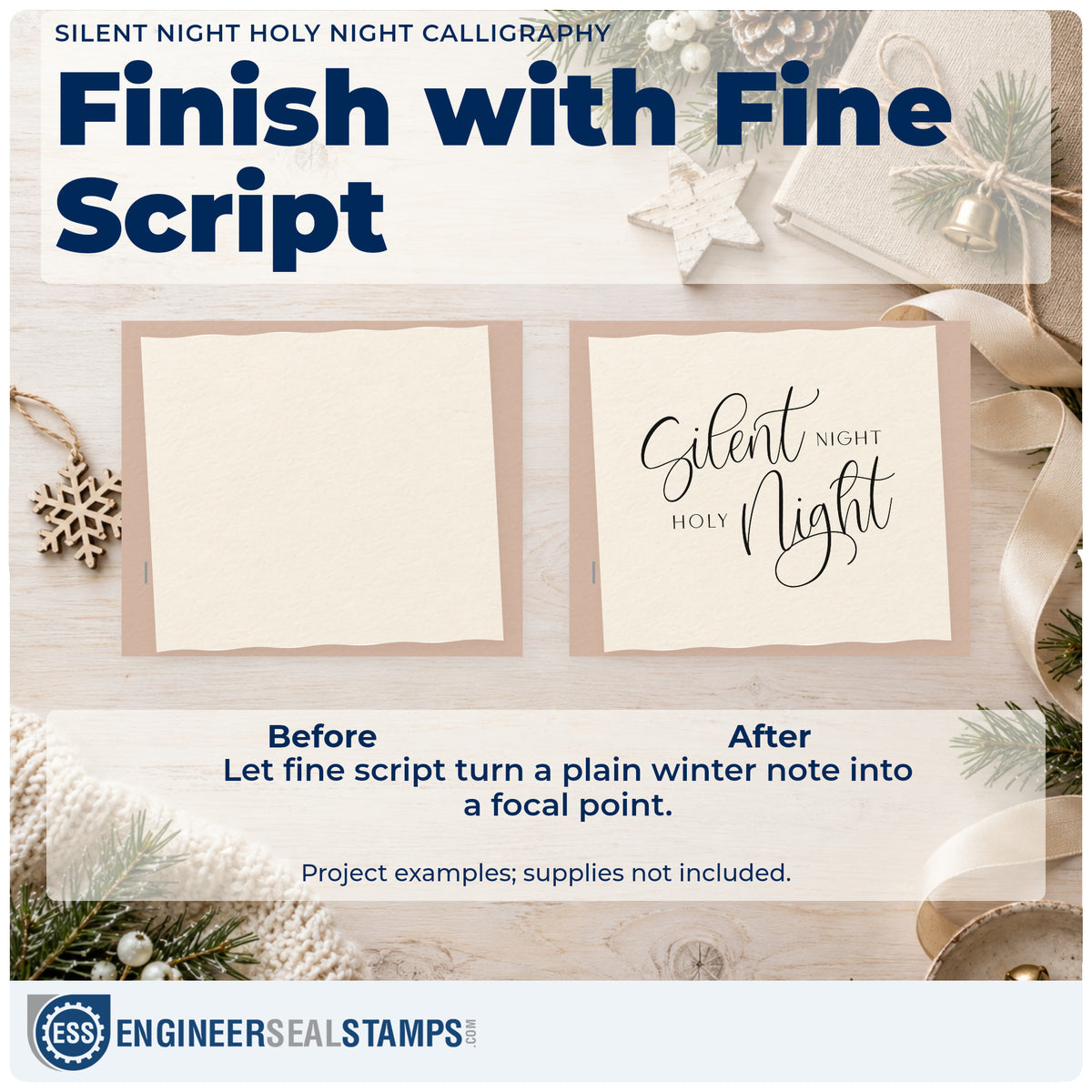 Before and after of a plain item finished with the Duo Hand Silent Night Holy Night Calligraphy Block Lettering Rubber Stamp, a quick upgrade for framed pattern piece.