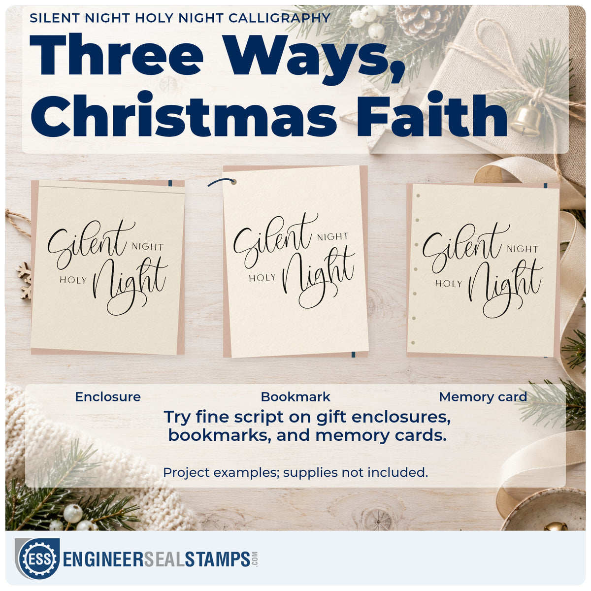 Three project examples made with the Silent Night Holy Night Calligraphy Block Lettering Slim Pre-Inked Stamp, including call response sheet.