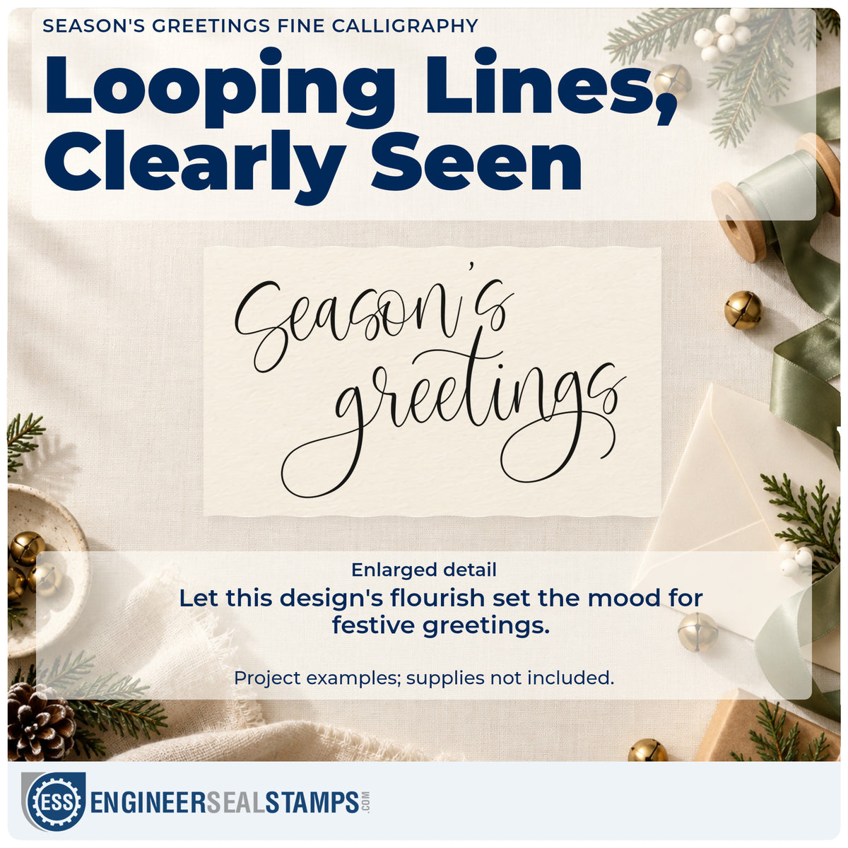 Enlarged detail of the Season's Greetings Fine Calligraphy Lettering Premium Wooden Stamp – Vintage Pro imprint. The words "Season's greetings" appear in delicate calligraphy with long curling strokes.