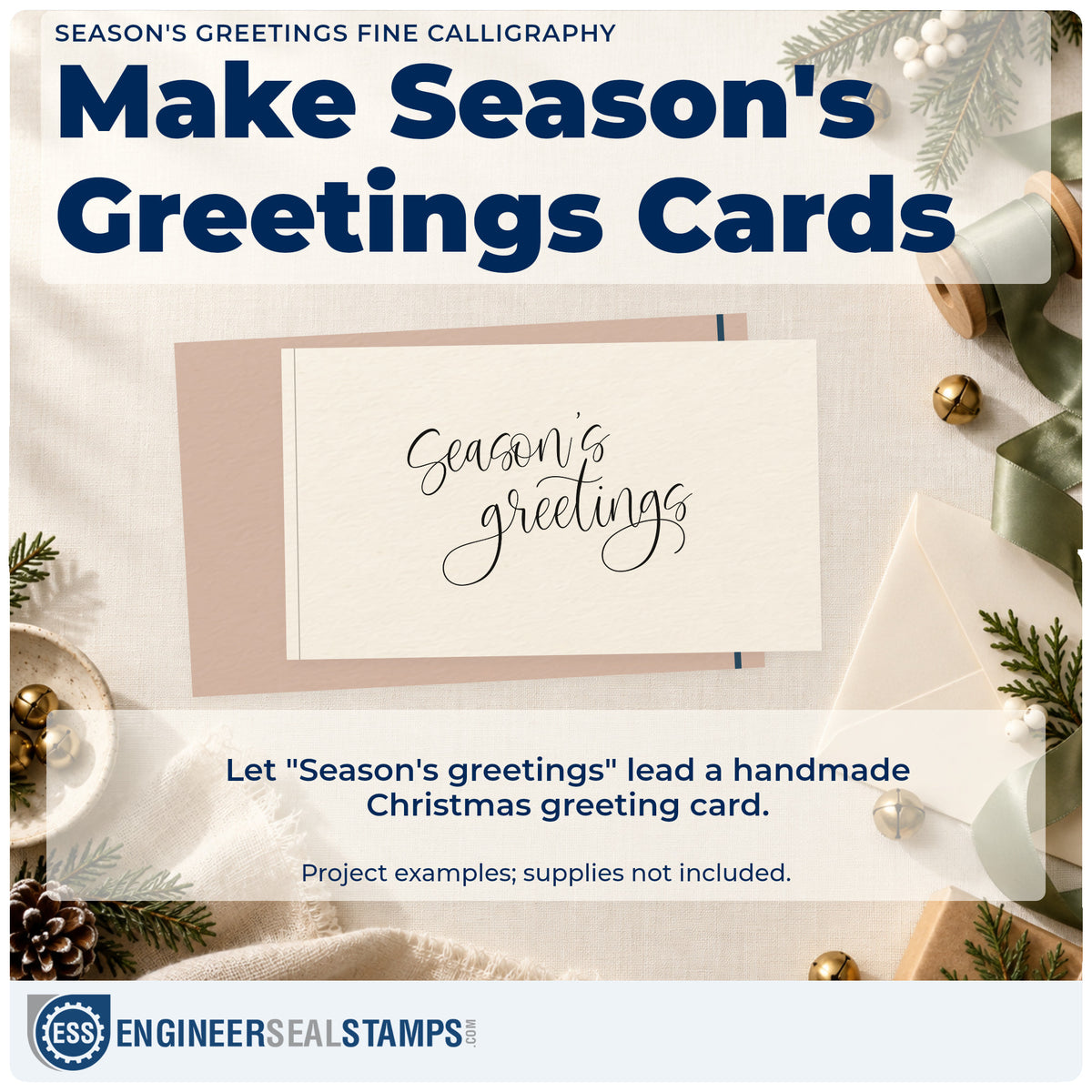 A finished handmade project stamped with the Season's Greetings Fine Calligraphy Lettering Rubber Stamp – Duo Hand, ideal for sample album page.
