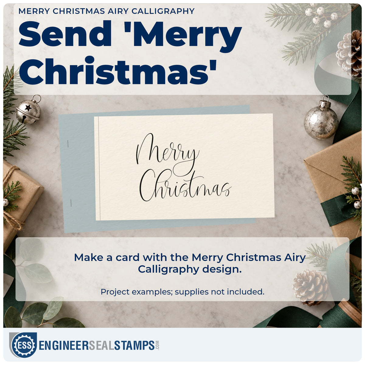 A finished handmade project stamped with the Merry Christmas Airy Calligraphy Rubber Stamp – Duo Hand, ideal for open album page.