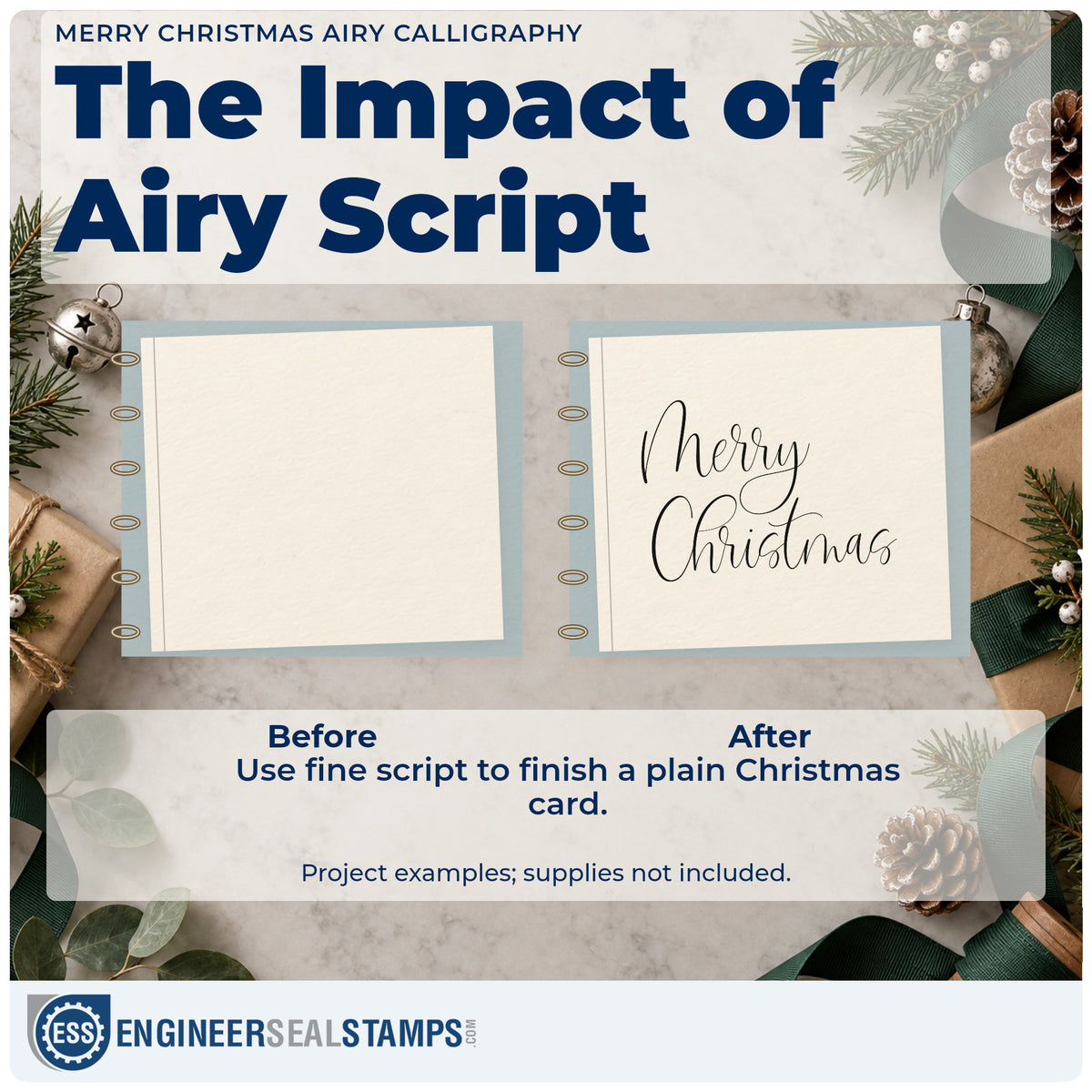 Before and after of a plain item finished with the Merry Christmas Airy Calligraphy Rubber Stamp – Duo Hand, a quick upgrade for framed wide border.