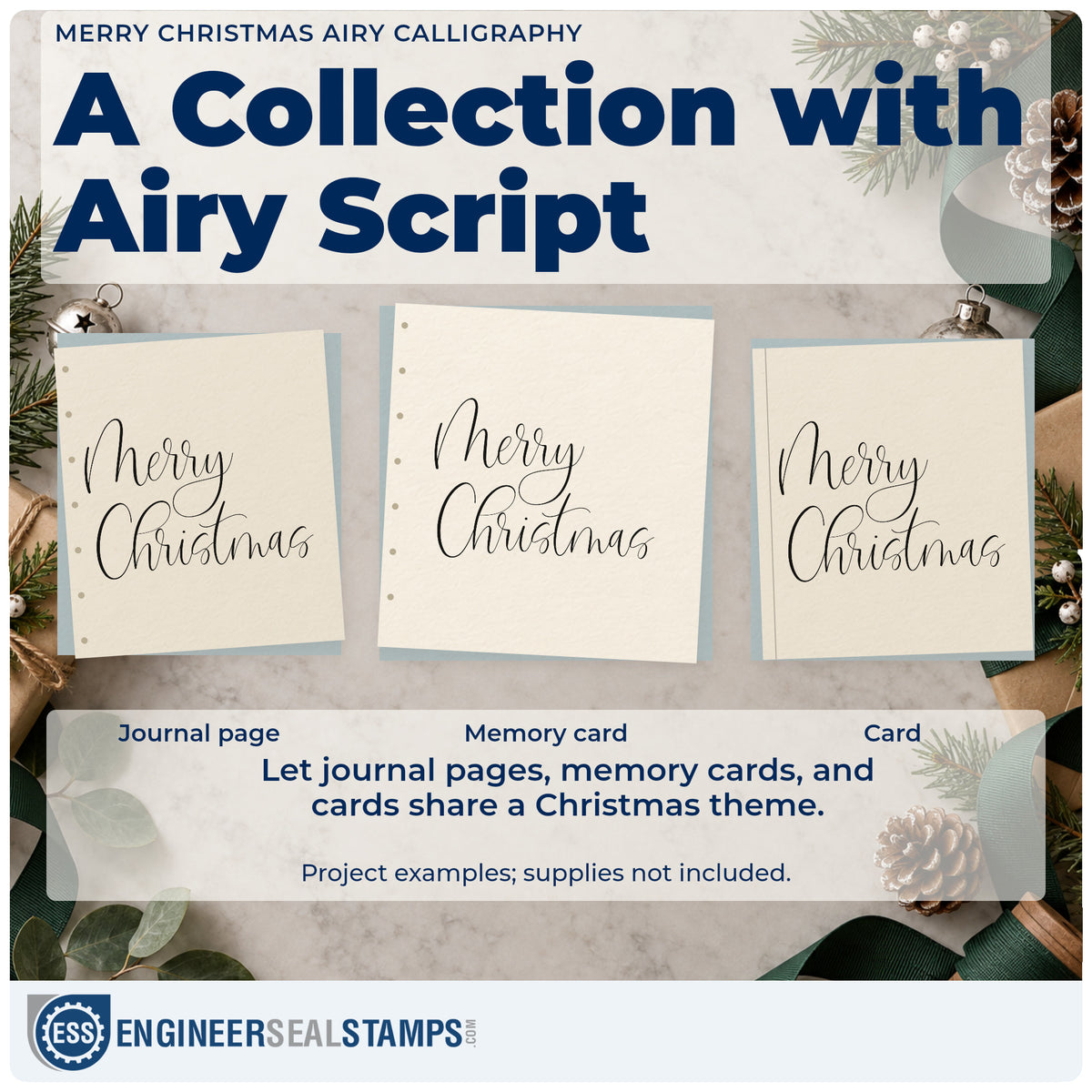 Three project examples made with the Merry Christmas Airy Calligraphy Rubber Stamp – Duo Hand, including spare note sheet.