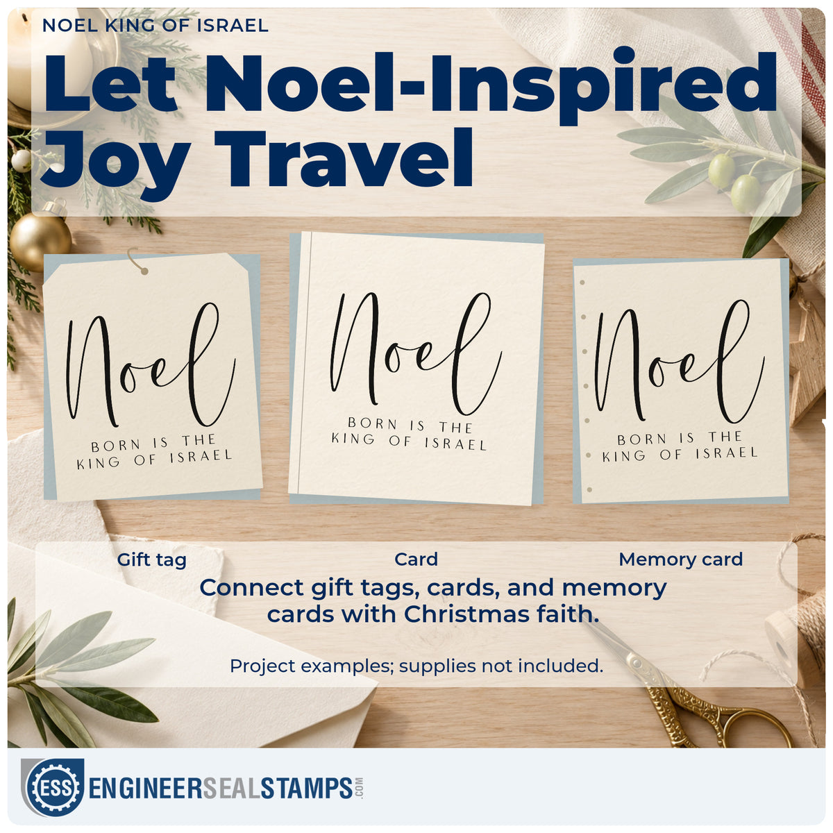Three project examples made with the Noel King Of Israel Rubber Stamp – Wood Handle, including verse study sheet.