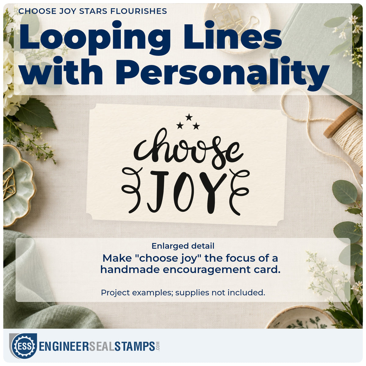Enlarged detail of the Choose Joy Stars Flourishes Rubber Stamp – Wood Handle imprint. The words "choose joy" appear with three stars and symmetrical curled flourishes.
