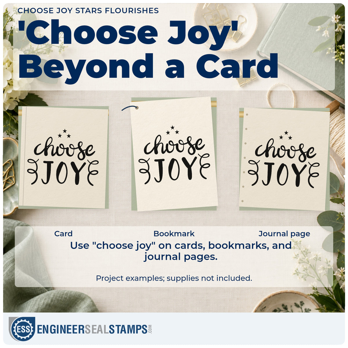 Three project examples made with the Choose Joy Stars Flourishes Rubber Stamp – Wood Handle, including daily entry sheet.