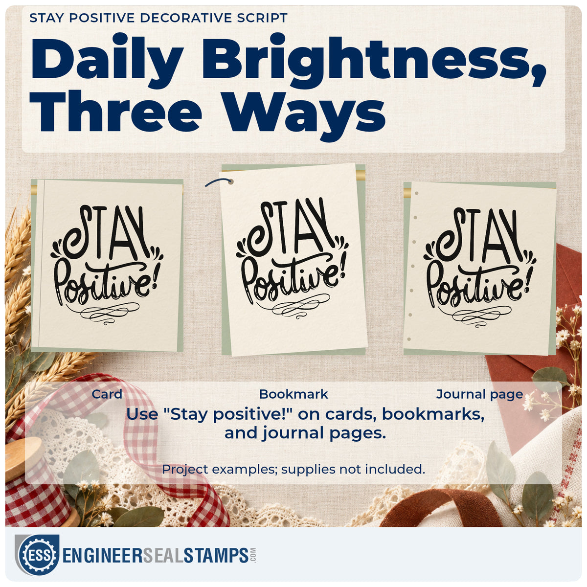 Three project examples made with the Stay Positive! Rubber Stamp – Duo Hand, including practice plan sheet.