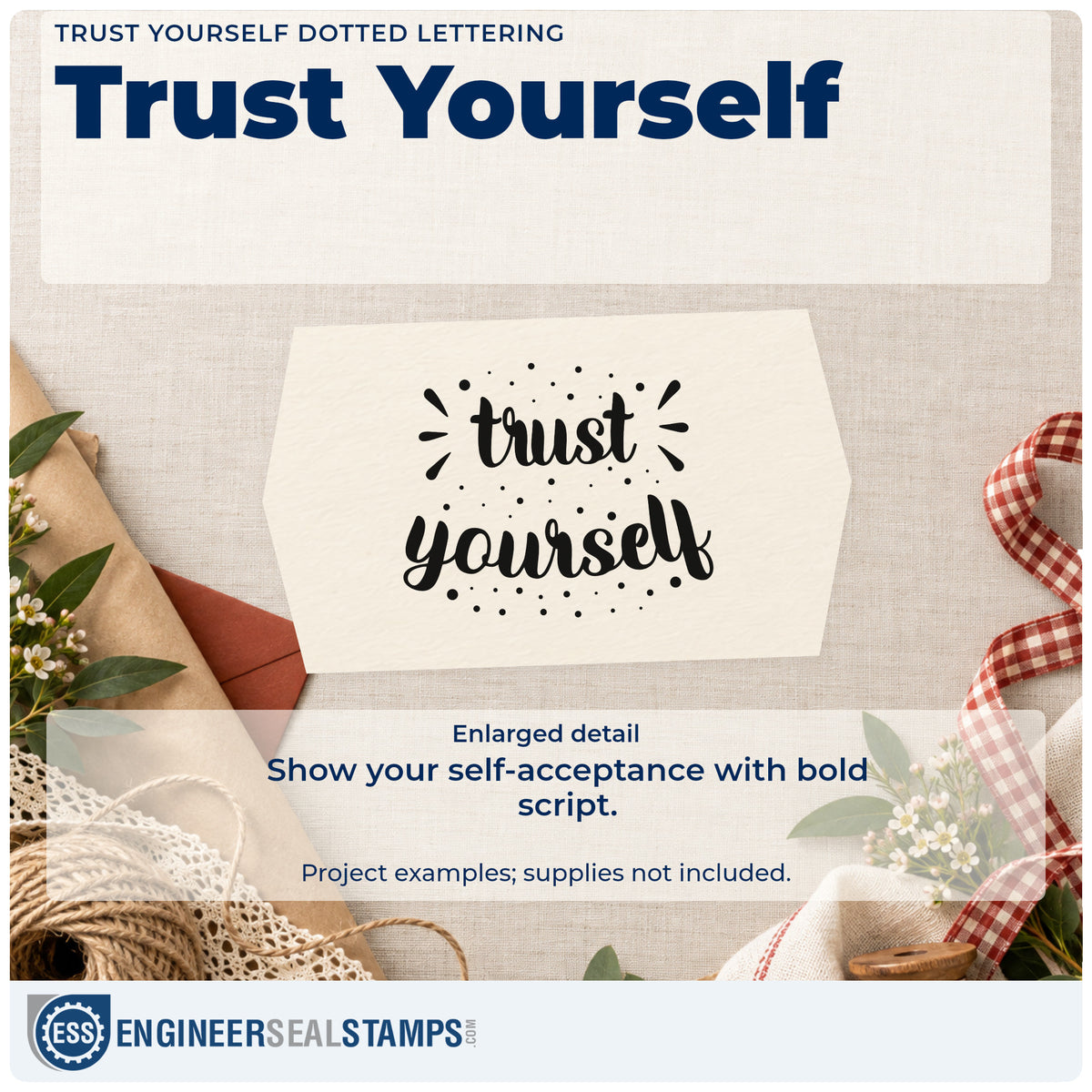 Enlarged detail of the Trust Yourself Dotted Word Art Stamp – Premium Vintage Pro Wooden imprint. The words "trust yourself" appear in bold script amid dots and decorative rays.
