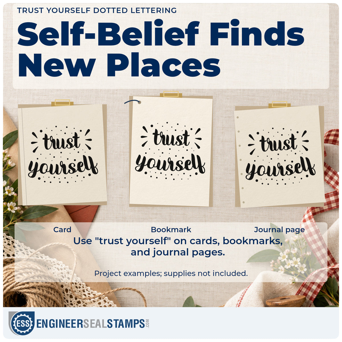 Three project examples made with the Trust Yourself Dotted Word Art Rubber Stamp – Duo Hand, including repertoire list sheet.