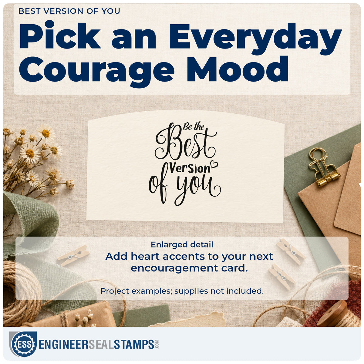 Enlarged detail of the Premium Wooden Best Version Of You Stamp – Vintage Pro imprint. The phrase "Be the best version of you" appears in mixed script with a small outlined heart.