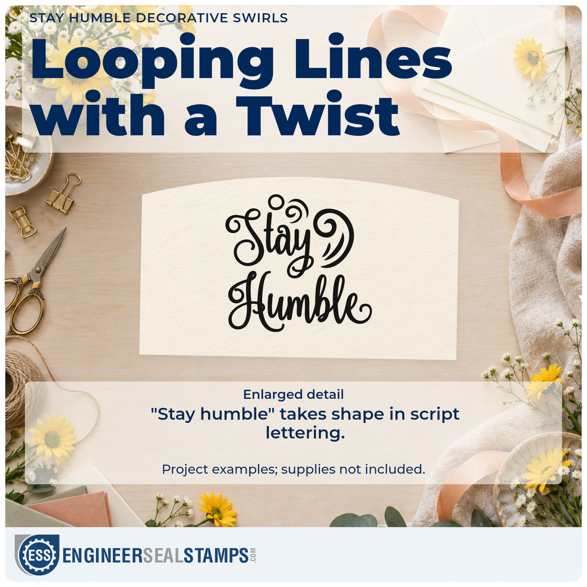 Enlarged detail of the Stay Humble Decorative Swirls Hand Stamp – Duo imprint. The words "Stay humble" appear in thick decorative script with curled flourishes.