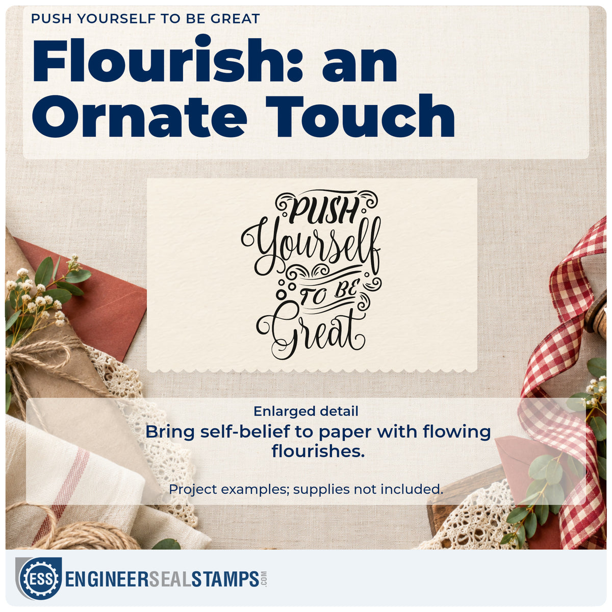 Enlarged detail of the Push Yourself To Be Great Lettering Flourish Rubber Stamp – Duo Hand imprint. The words "Push yourself to be great" appear in ornate mixed lettering with swirling flourishes and dots.