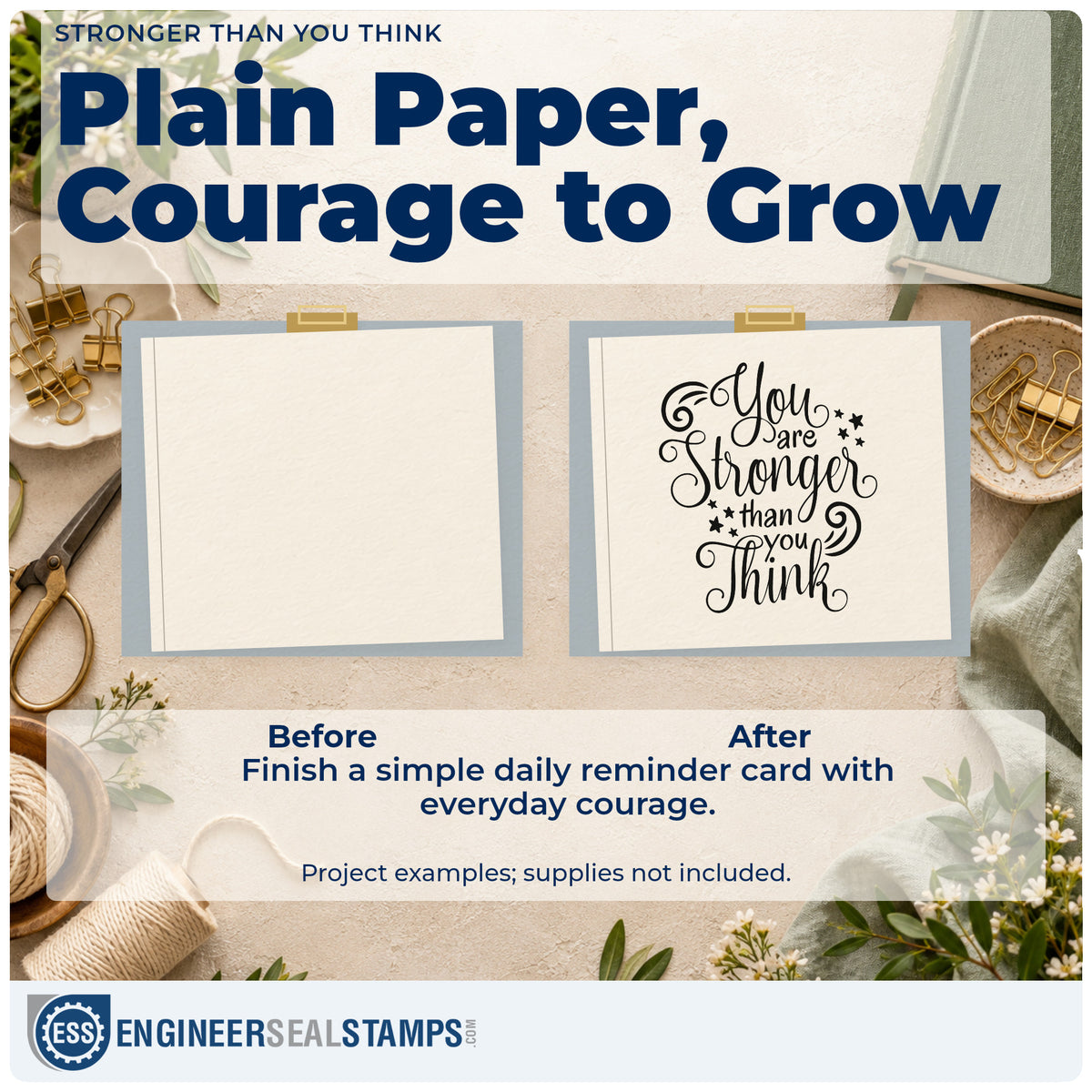 Before and after of a plain item finished with the You Are Stronger Than You Think Rubber Stamp – Wood Handle, a quick upgrade for framed trophy shelf.
