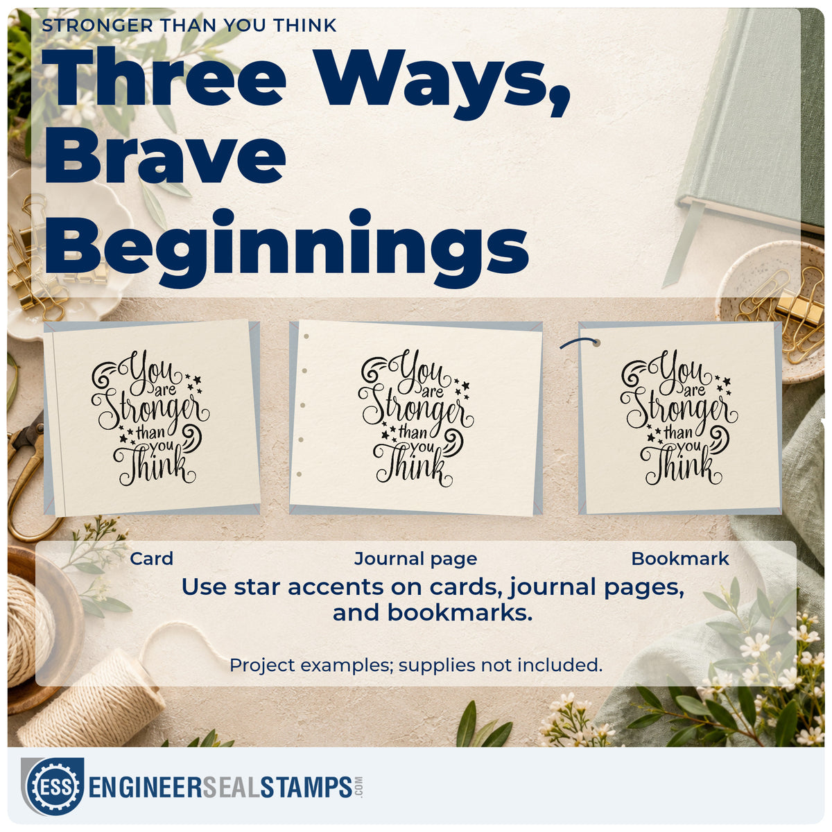 Three project examples made with the You Are Stronger Than You Think Stamp – Self-Inking, including weekly mile sheet.
