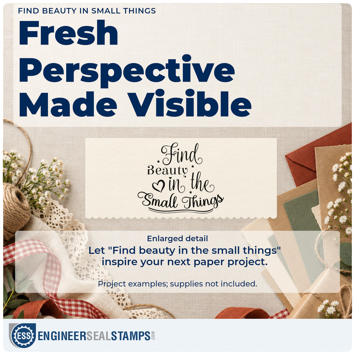 Enlarged detail of the Find Beauty In Small Things Rubber Stamp – Duo Hand imprint. The phrase "Find beauty in the small things" appears in mixed decorative lettering with a heart and double underline.