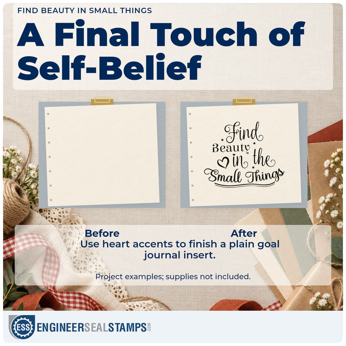 Before and after of a plain item finished with the Find Beauty In Small Things Rubber Stamp – Duo Hand, a quick upgrade for framed window ledge.
