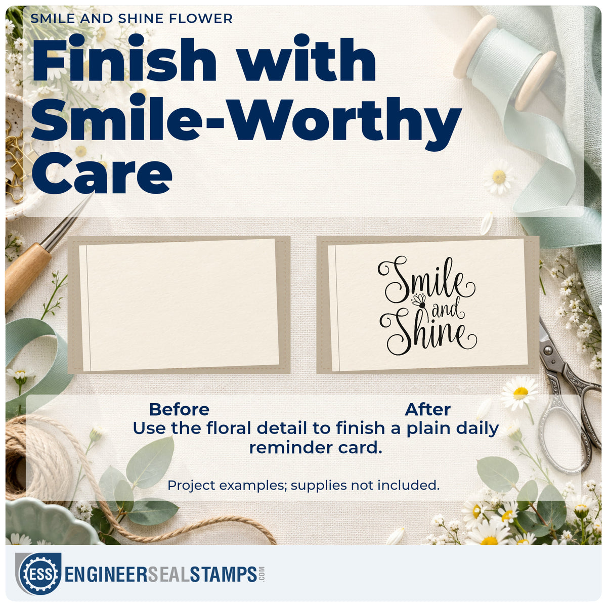 Before and after of a plain item finished with the Smile And Shine Flower Premium Wood-Mounted Stamp – Vintage Pro, a quick upgrade for framed styling station.