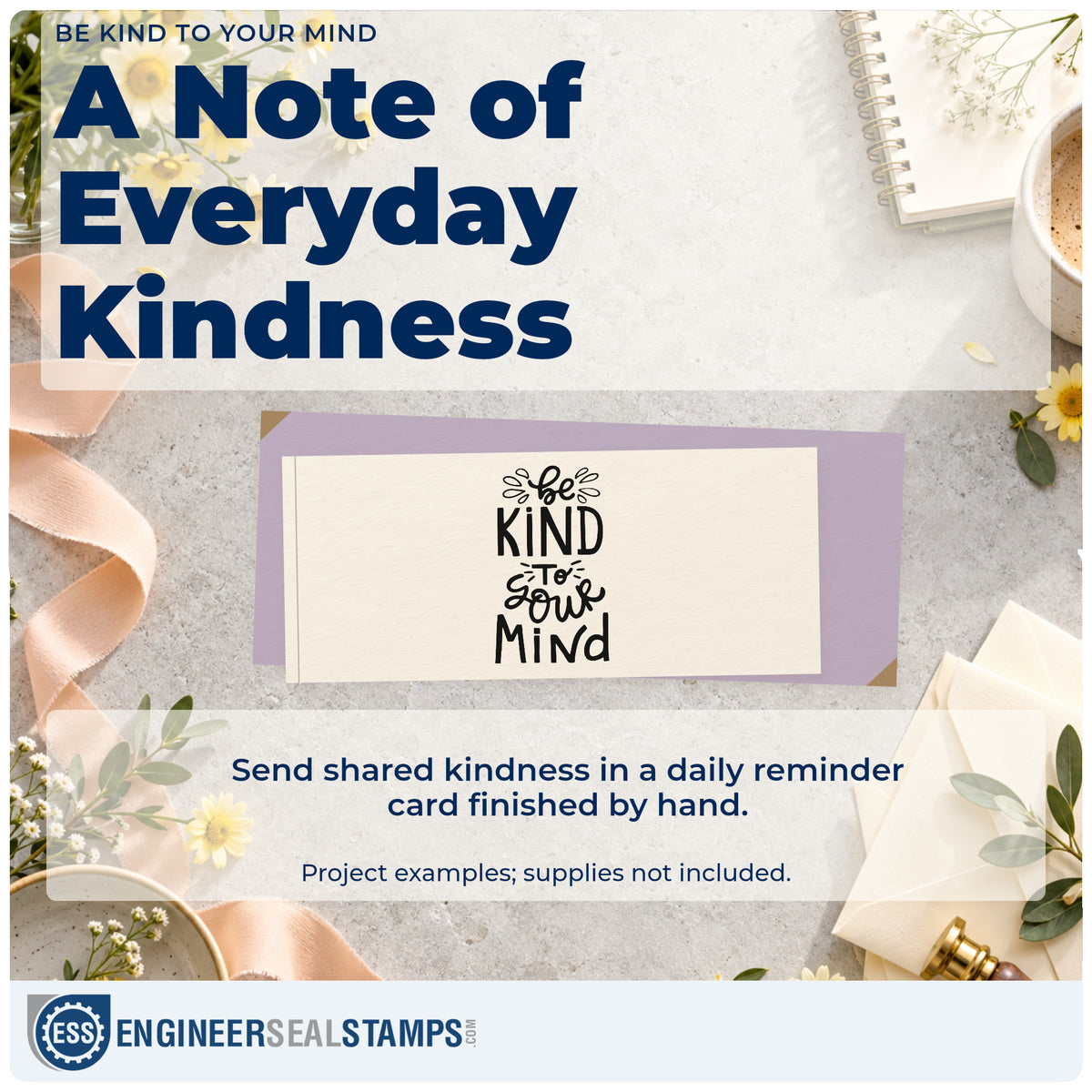 A finished handmade project stamped with the Be Kind To Your Mind Premium Wooden Stamp – Vintage Pro, ideal for quiet album page.