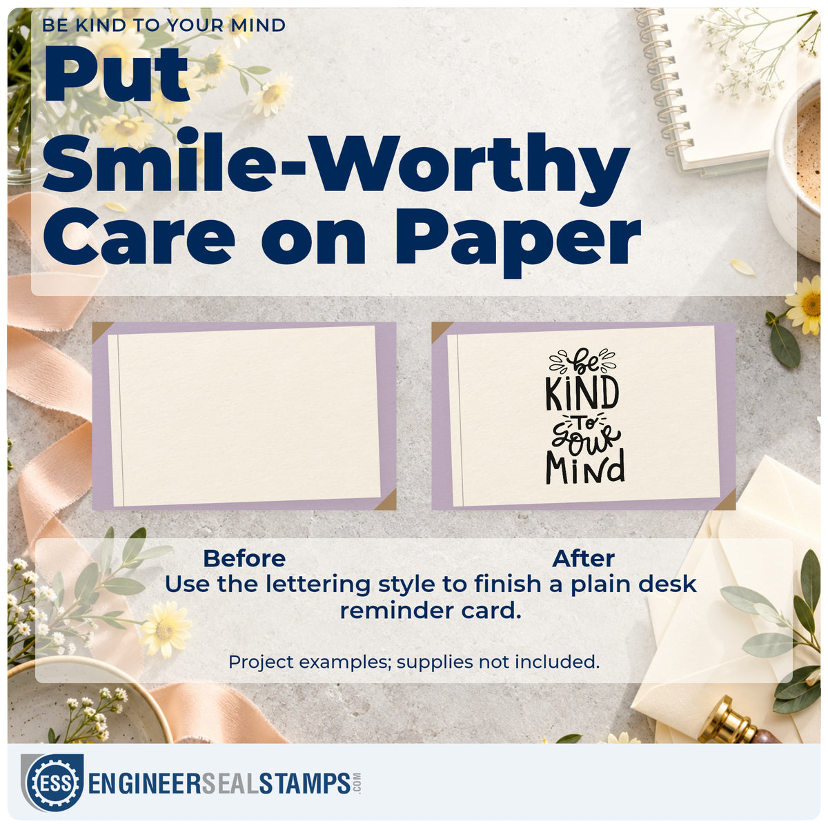 Before and after of a plain item finished with the Be Kind To Your Mind Premium Wooden Stamp – Vintage Pro, a quick upgrade for framed quiet corner.