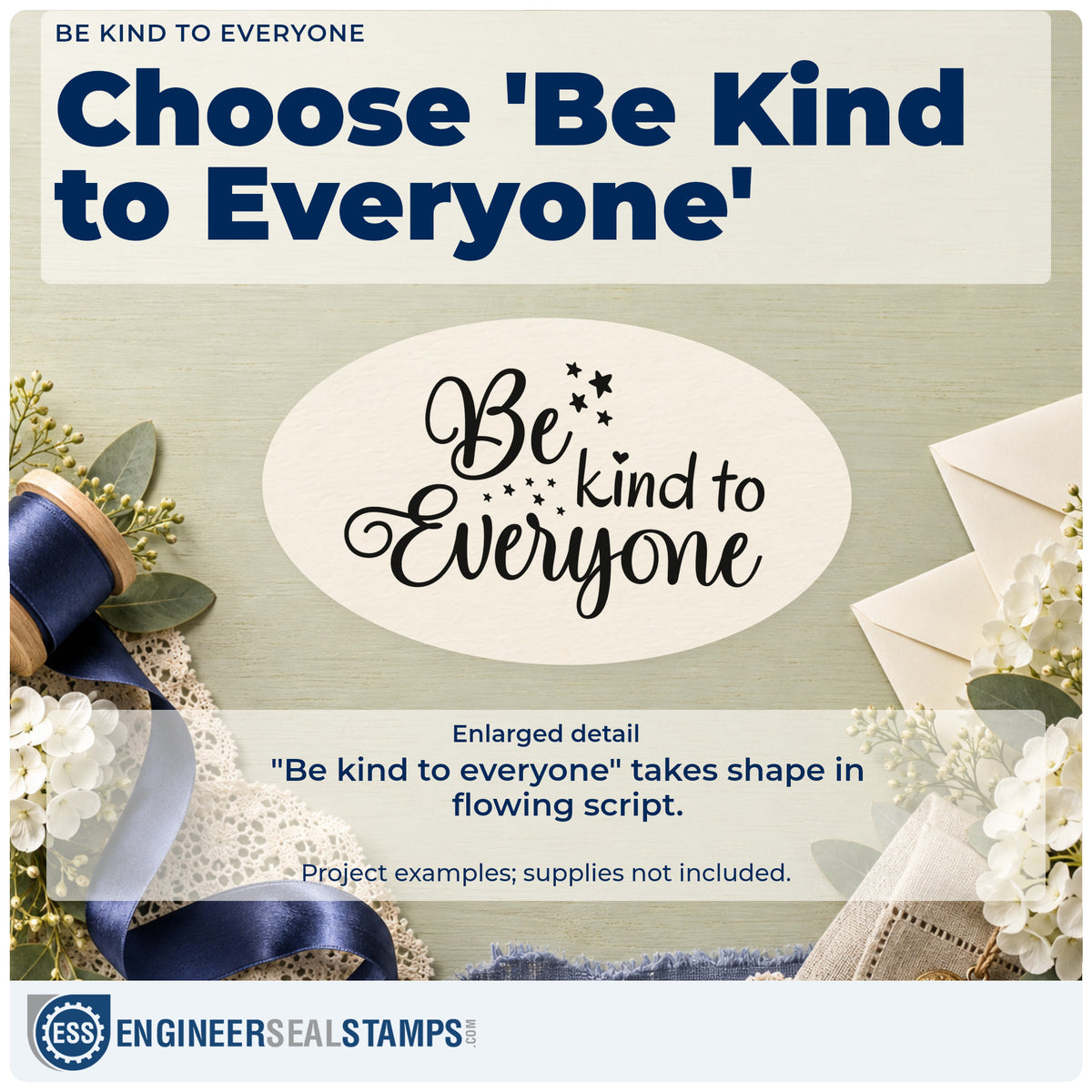 Enlarged detail of the Be Kind To Everyone With Stars Pre-Inked Stamp – PSI imprint. The phrase "Be kind to everyone" appears in flowing script with small stars.