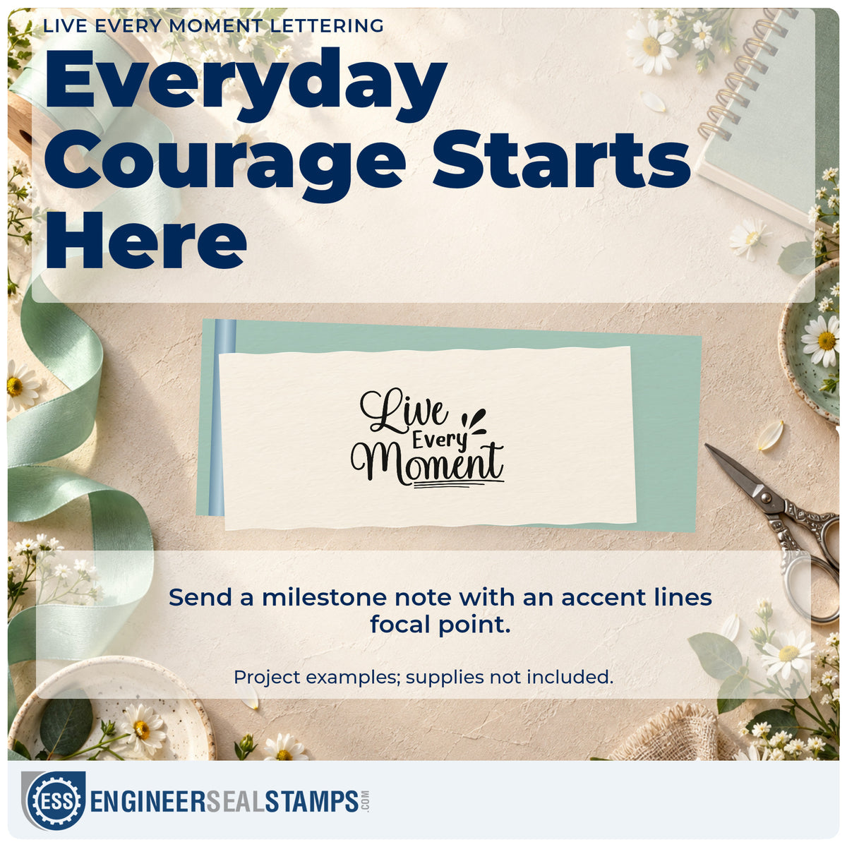 A finished handmade project stamped with the Live Every Moment Lettering Stamp – Self-Inking, ideal for decade album page.