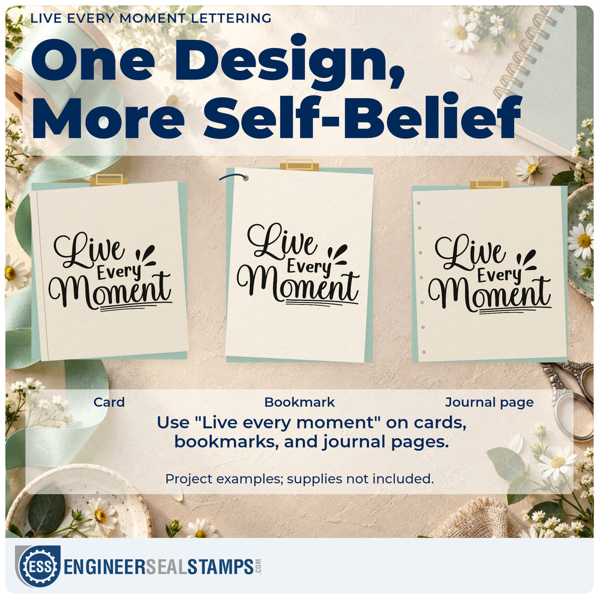 Three project examples made with the Live Every Moment Lettering Stamp – Self-Inking, including toast order sheet.