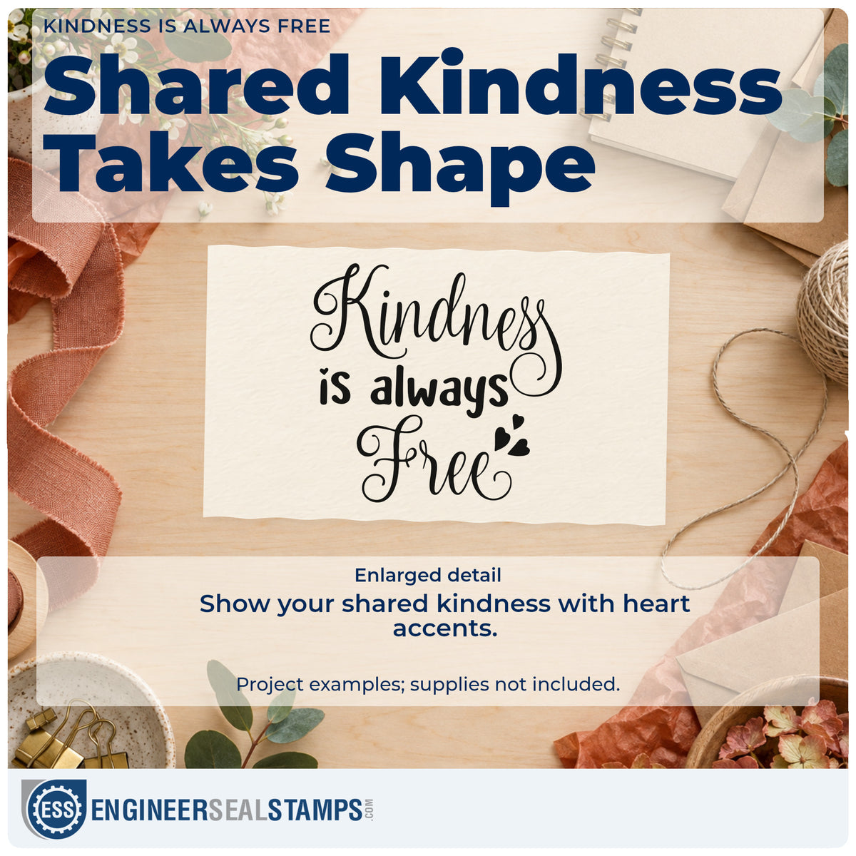 Enlarged detail of the Kindness Is Always Free Hand Stamp – Duo imprint. The phrase "Kindness is always free" appears in mixed script and plain lettering with small hearts.