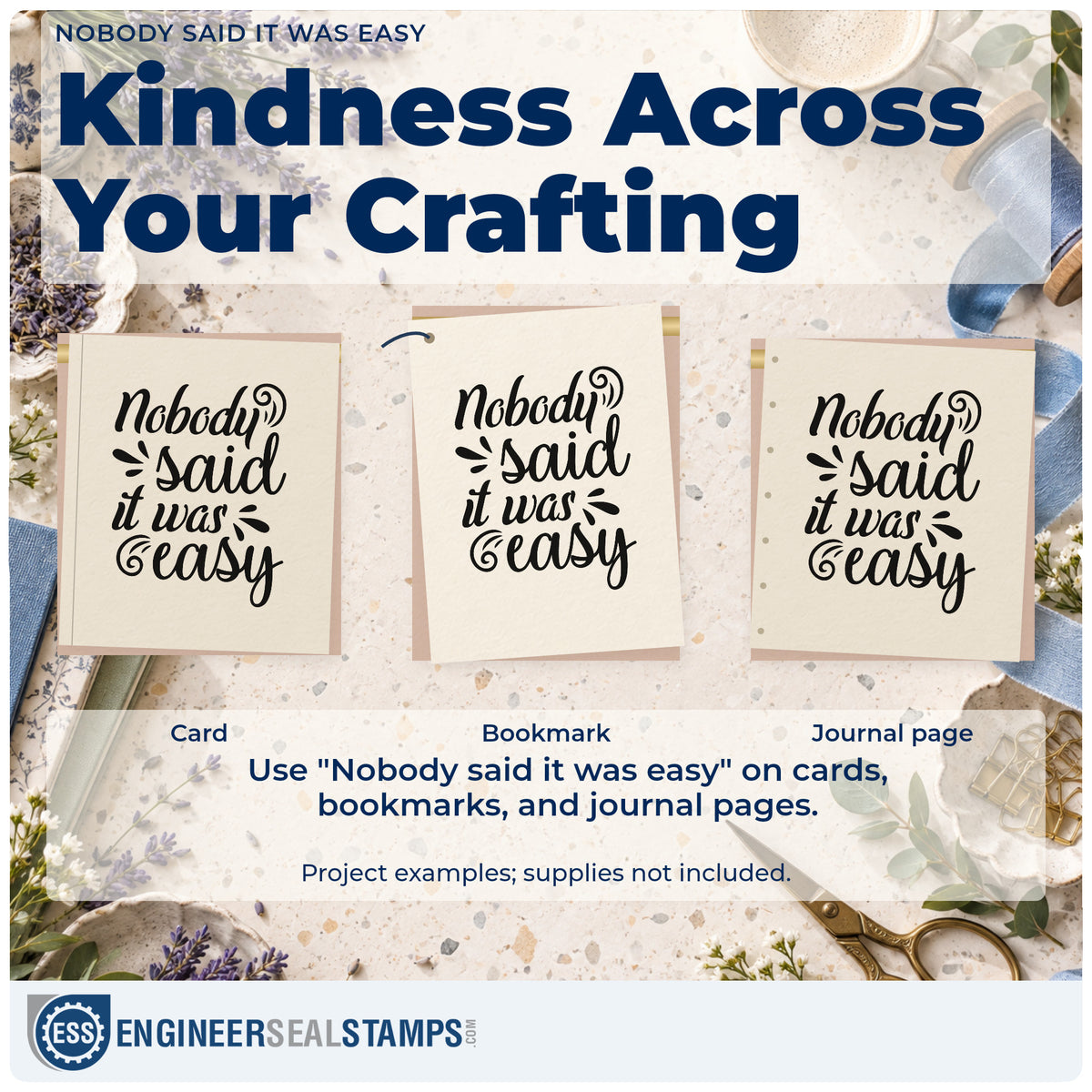 Three project examples made with the Vintage Pro Nobody Said It Was Easy Premium Wooden Stamp, including route tick sheet.
