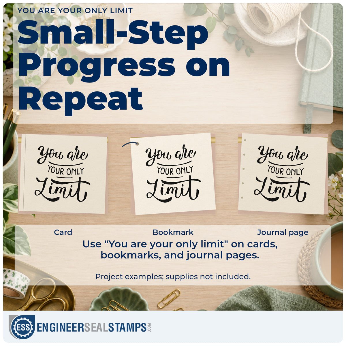 Three project examples made with the You Are Your Only Limit Hand Stamp – Duo, including lift log sheet.