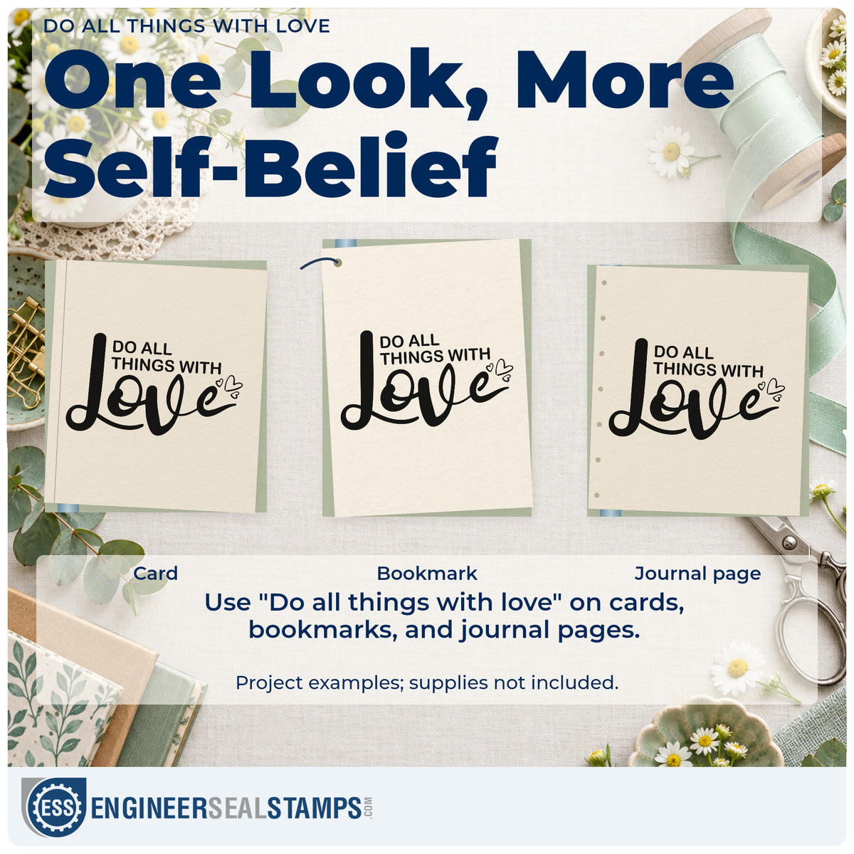 Three project examples made with the Do All Things With Love Pre-Inked Stamp – Slim, including block plan sheet.