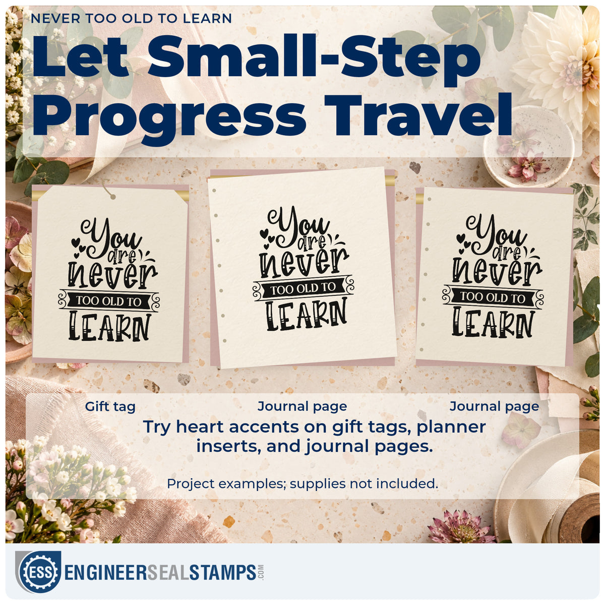 Three project examples made with the You Are Never Too Old To Learn Pre-Inked Stamp – Slim, including class skill sheet.