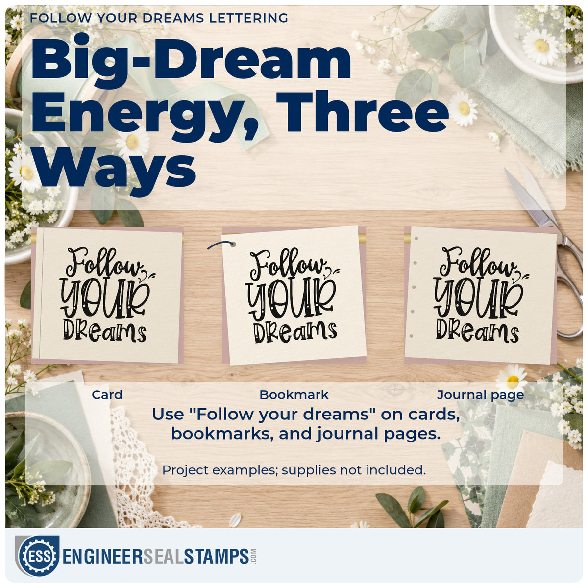 Three project examples made with the Follow Your Dreams Lettering Hand Stamp – Duo, including set list sheet.